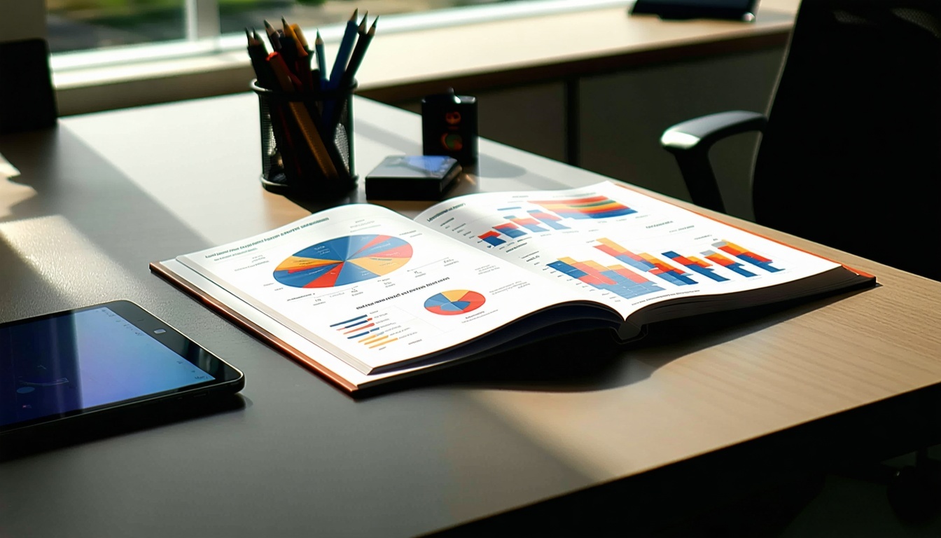 Det slanke, moderne kontorbord har en glat, poleret overflade, der oplyses af naturligt lys, der strømmer ind gennem et nærliggende vindue På skrivebordet ligger en indbundet marketingrapport, hvis professionelle omslag har et levende design og fed typog-2