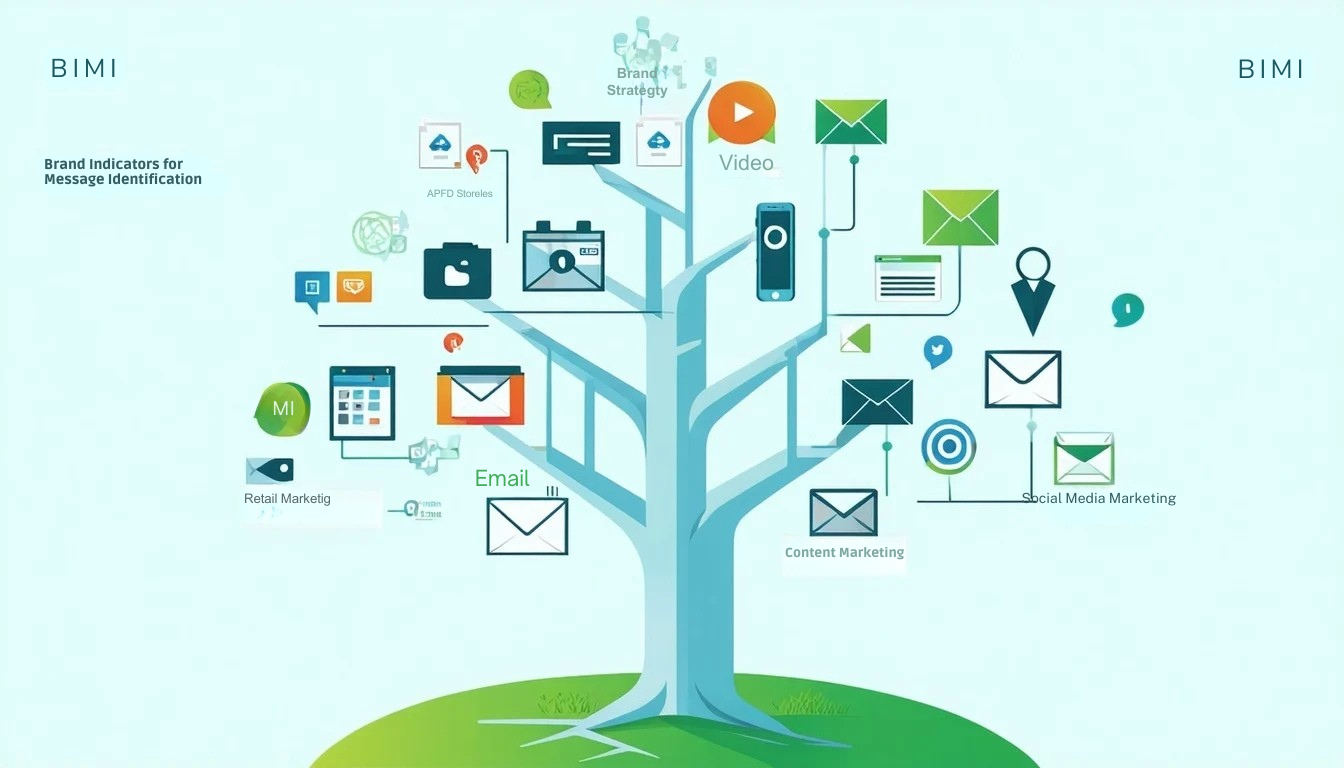 BIMI eller Brand Indicators for Message Identification fungerer som grundstammen i et marketingstrategitræ, der giver en robust ramme for brandgenkendelse og tillid i digital kommunikation Fra denne centrale søjle er der forskellige marketingtaktikker.